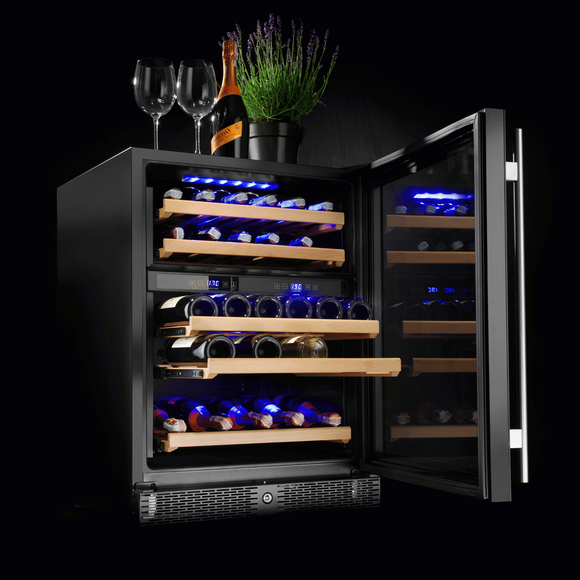 Vinkjøler med to soner, 133 l, glassdør, 595 x 588 x (h) 820 mm