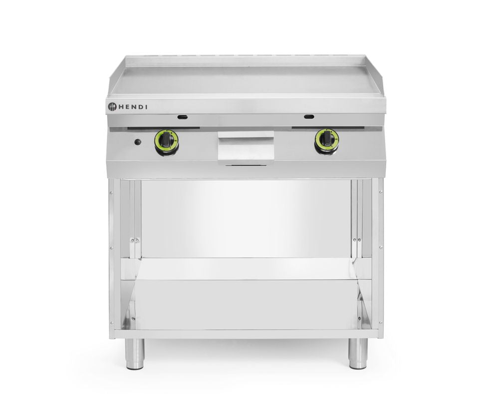 Gassgrilltopp, glatt, på et skap lukket på 3 sider, 2 varmesoner, hver med 3 brennere, total effekt: 10 kW, 10kW, 800x700x(H)900mm