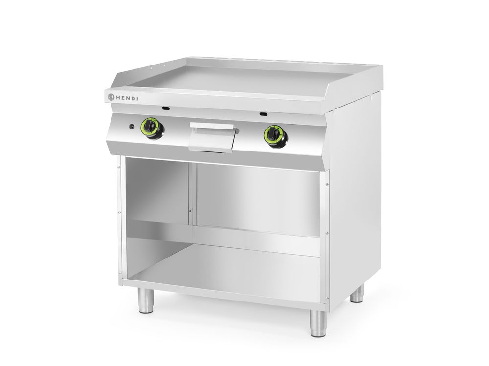 Gassgrilltopp, glatt, på et skap lukket på 3 sider, 2 varmesoner, hver med 3 brennere, total effekt: 10 kW, 10kW, 800x700x(H)900mm