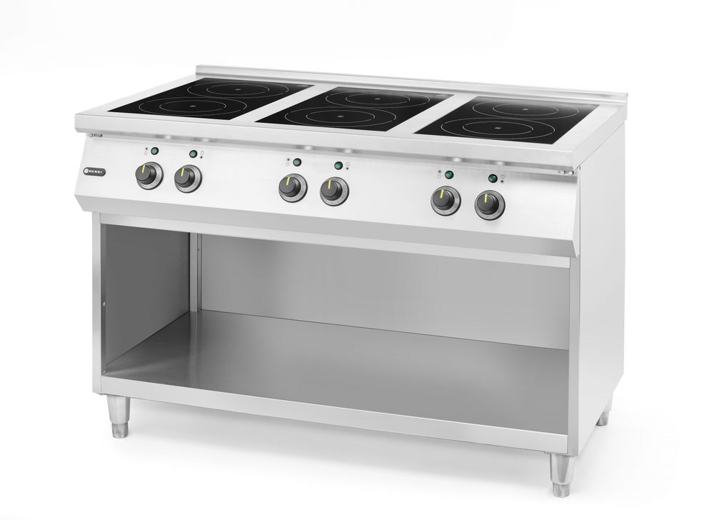 Induksjonskomfyr med 6 kokeplater, 400V/25500W, 1200x700x(H)890mm