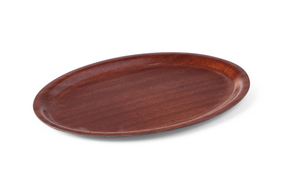 Serveringsbrett, oval, sklisikre, laminert, mahogny, 230x160mm