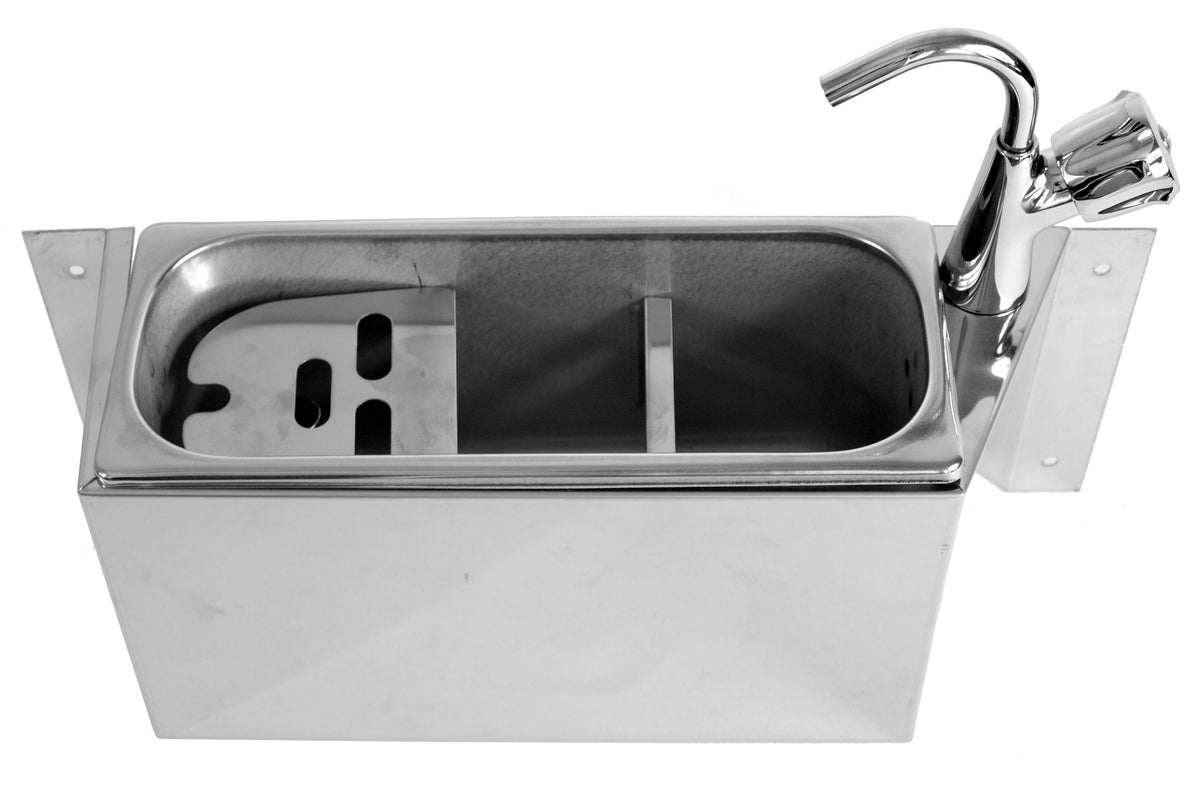 Kunn for isskjel med vannkran 380x120x150 med vannavløpshull, vannkobling og overflømsrør