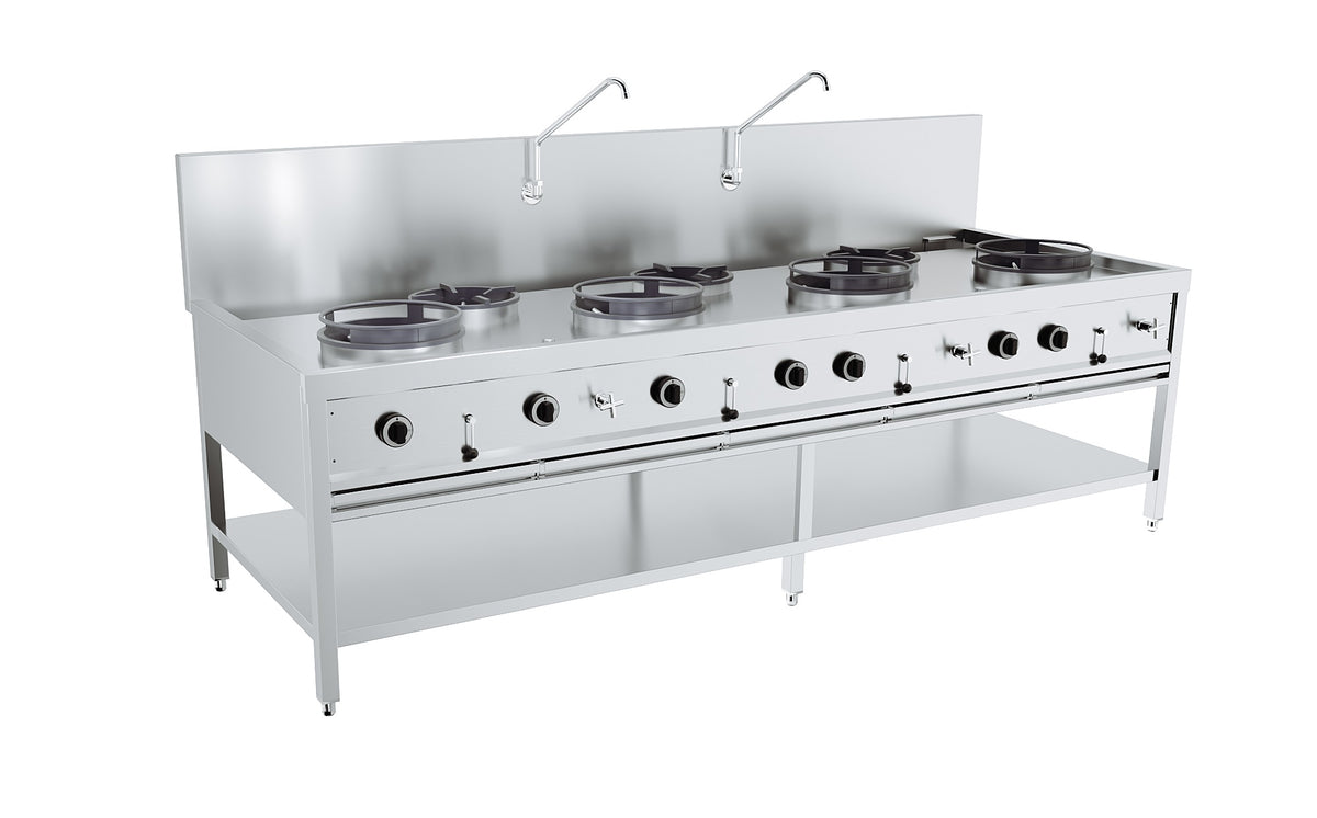 Gasswokbord 4x17 kW + 3x9 kW, 2500x900x750 mm