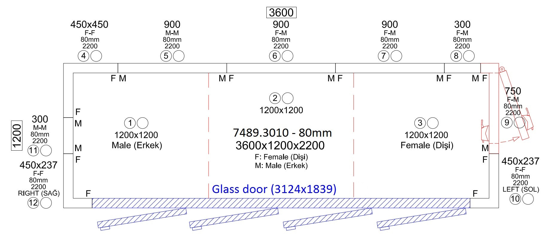 Kjølerom 3600x1200x2200 4 glassdører *transport på forespørsel*