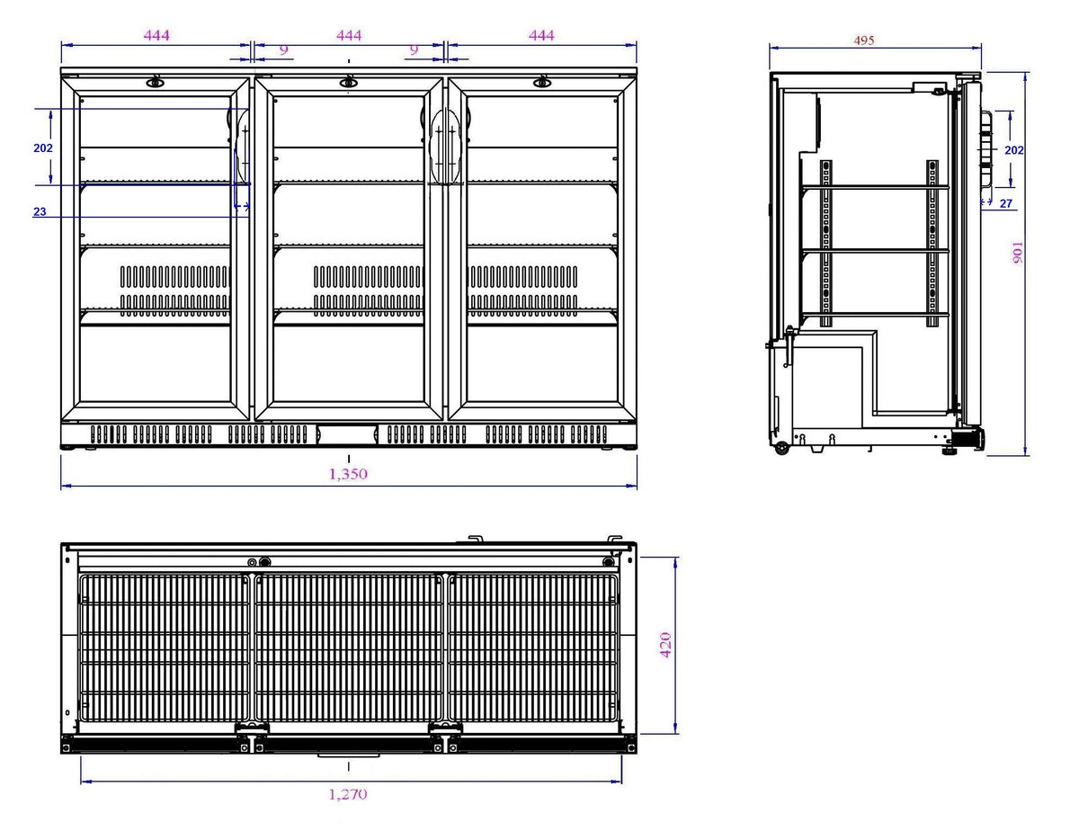 Barkjøleskap 3 dører, sort, 1350x520x900 mm – bilde 4
