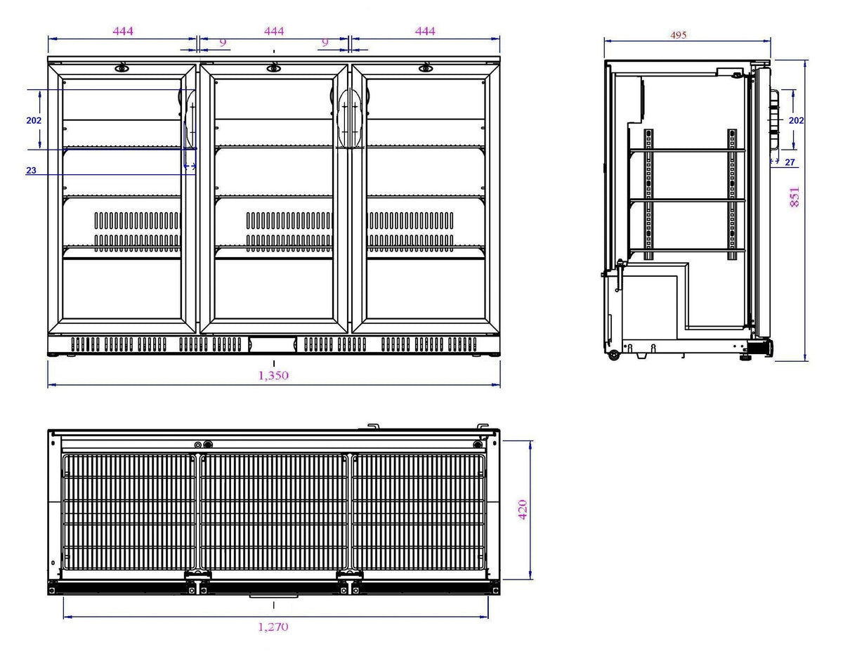 Barkjøleskap 3 dører, sort, 1350x520x850 mm – bilde 4