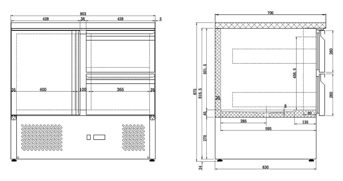 Kjølebenk Compact Line, 1 dør og 2 skuffer, 900x700x875 mm – bilde 6