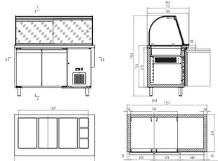 700 kjølebenk med glassdeksel 2 dører 3x 1/1 + 3x 1/6gn beholder