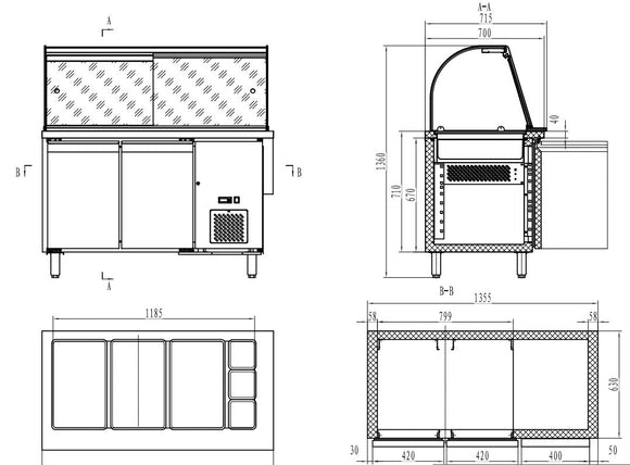 700 kjølebenk med glassdeksel 2 dører 3x 1/1 + 3x 1/6gn beholder