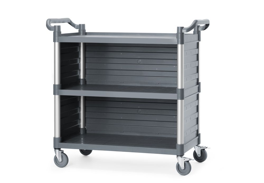 3-hyllers polypropylen servicevogn, stor, Inkluderer sidepaneler på hylle, 1010x500x(H)960mm