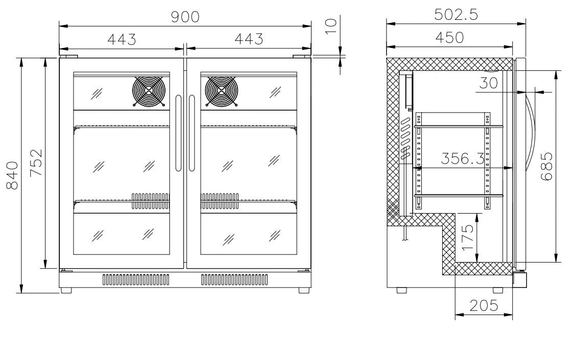 Backbar cooler sort 2 helt glassdører - for Storkjøkken - XL - Storkjøkken