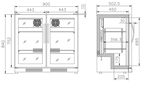 Backbar cooler sort 2 helt glassdører - for Storkjøkken - XL - Storkjøkken