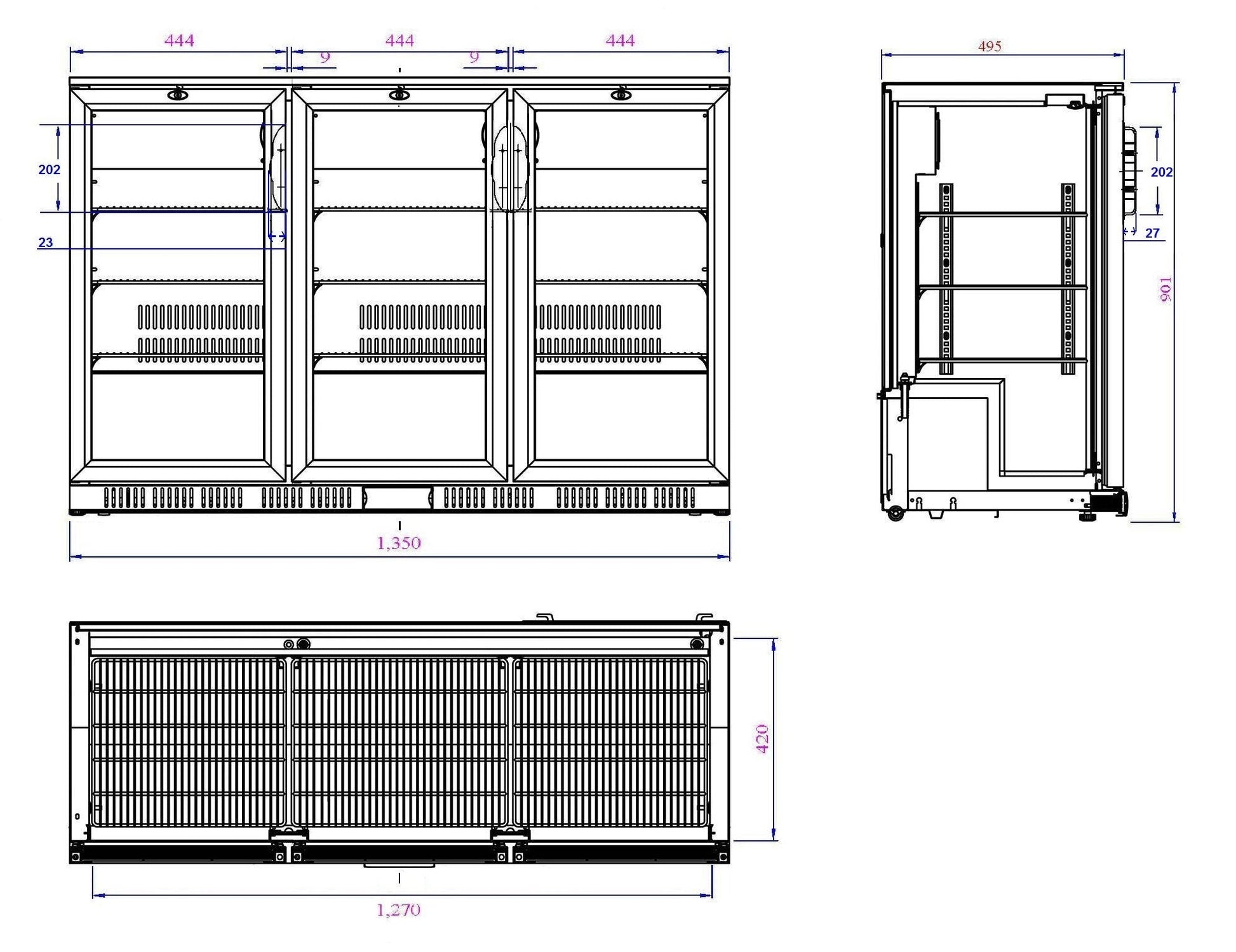 Backbar cooler sort 3 dører - for Storkjøkken - XL - Storkjøkken