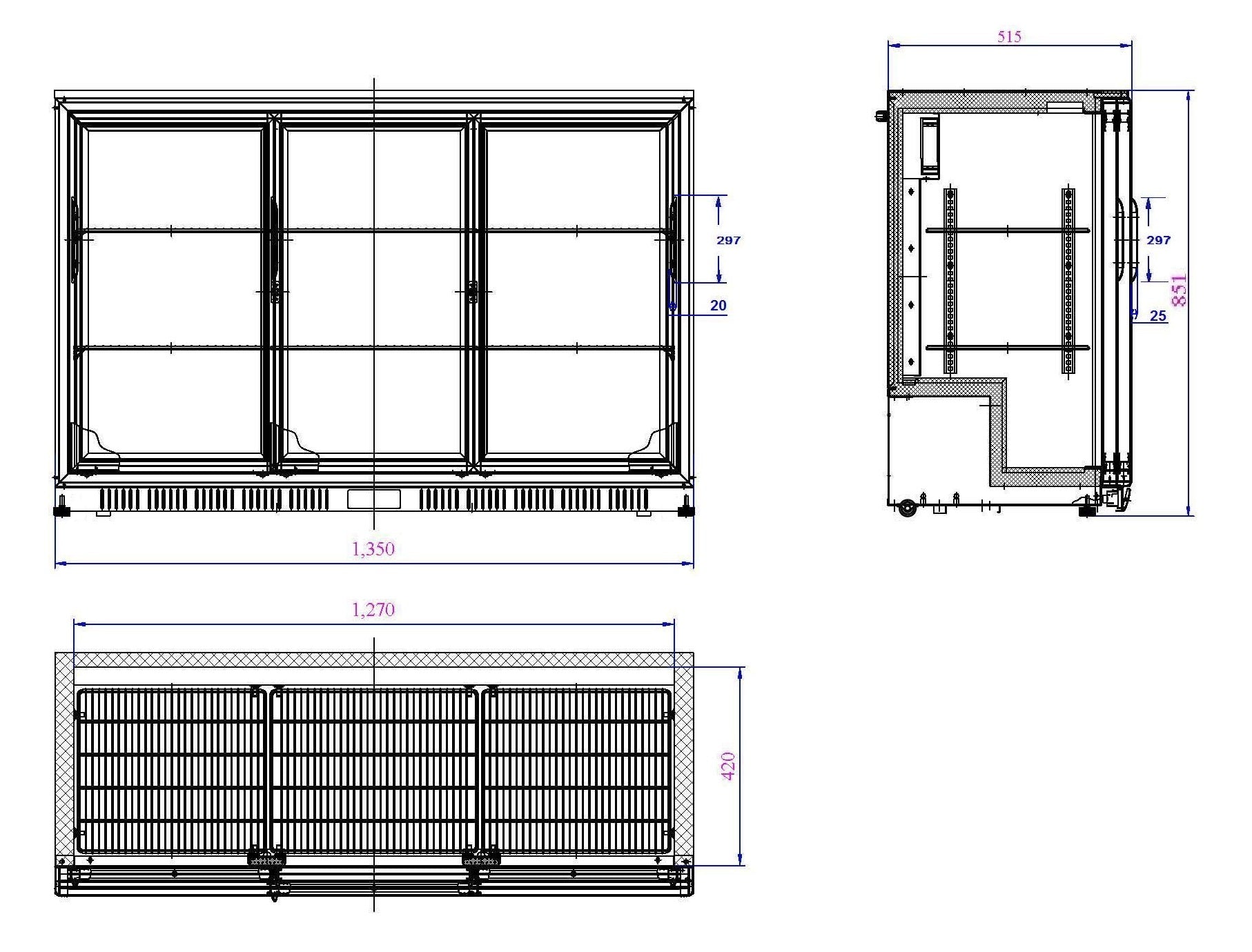 Backbar cooler sort 3 skydedører - for Storkjøkken - XL - Storkjøkken
