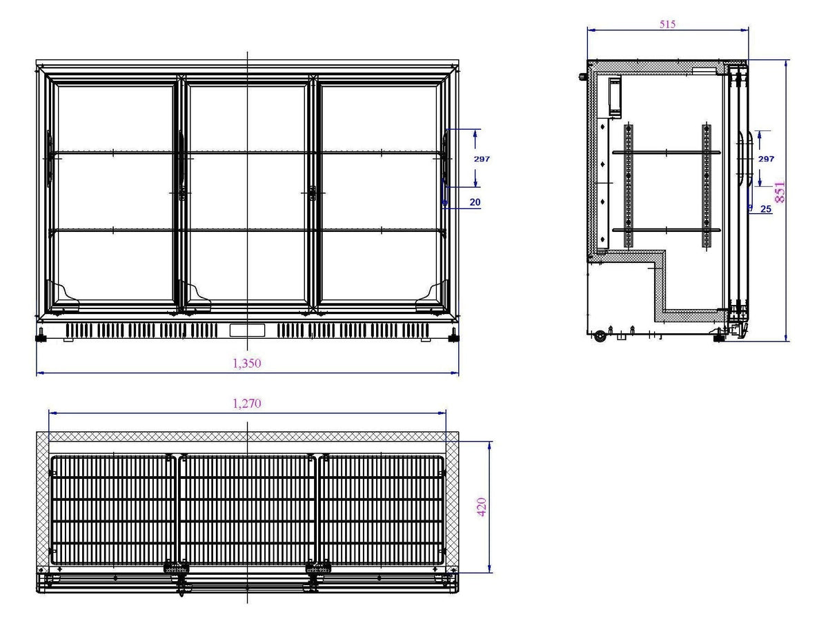 Backbar cooler sort 3 skydedører - for Storkjøkken - XL - Storkjøkken