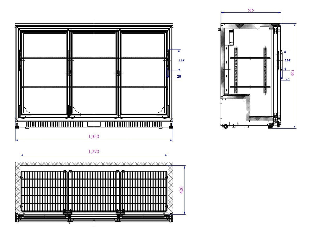 Backbar cooler sort 3 skydedører - for Storkjøkken - XL - Storkjøkken