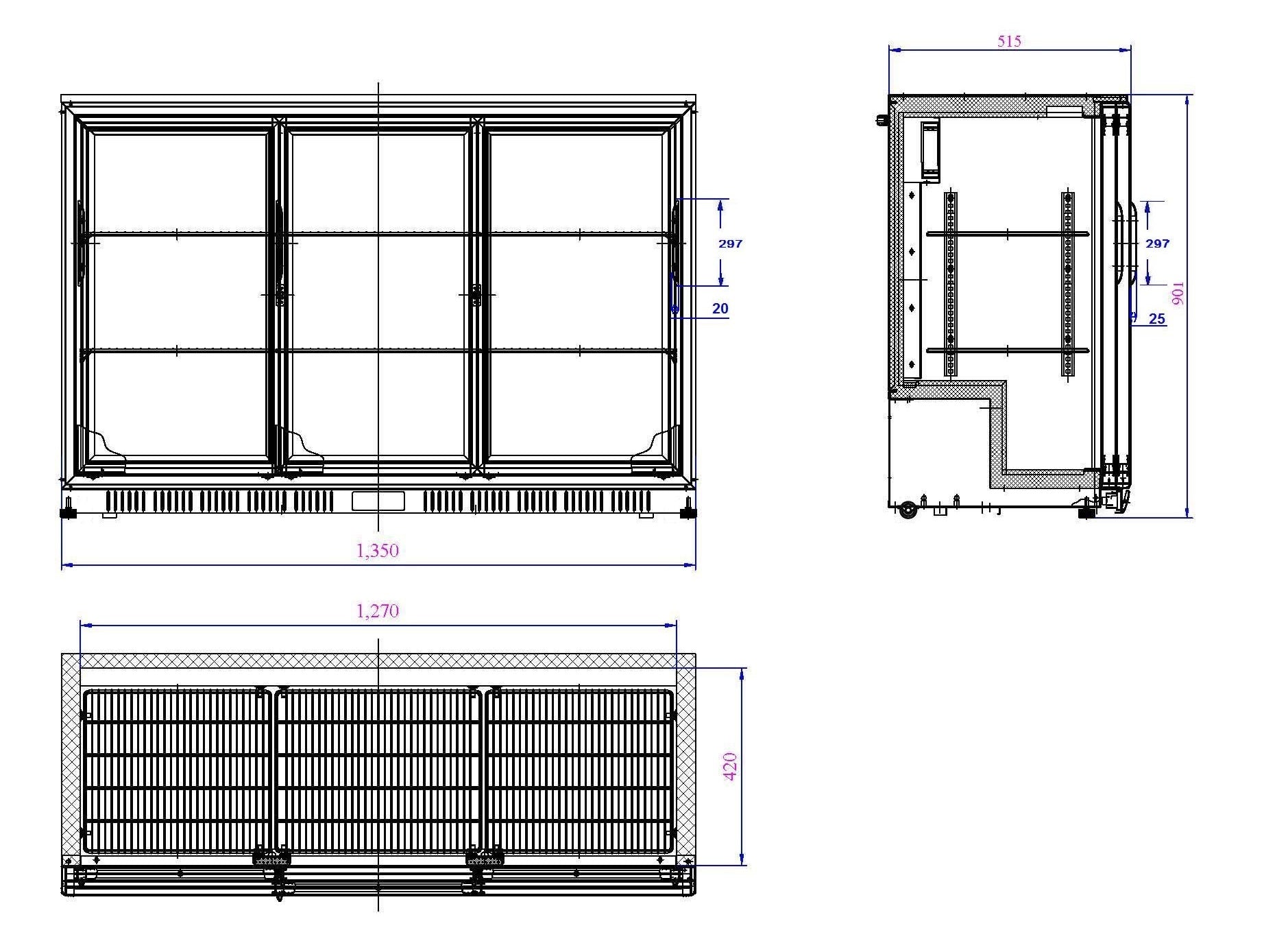 Backbar cooler sort 3 skydedører - for Storkjøkken - XL - Storkjøkken