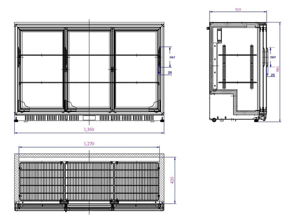 Backbar cooler sort 3 skydedører - for Storkjøkken - XL - Storkjøkken