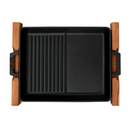 Stekepanne/grillpanne med dobbel plate, integrerte metallhåndtak og serveringsstativ i tre. Mål: 26 x 32 cm, 2290 ml-5