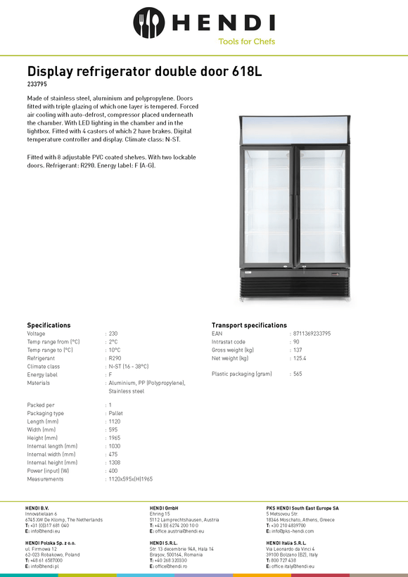 Kjølemonter med dobbel dør 618L, Arktic, 230V/400W, 1120x595X (H) 1965mm - for Storkjøkken - XL - Storkjøkken