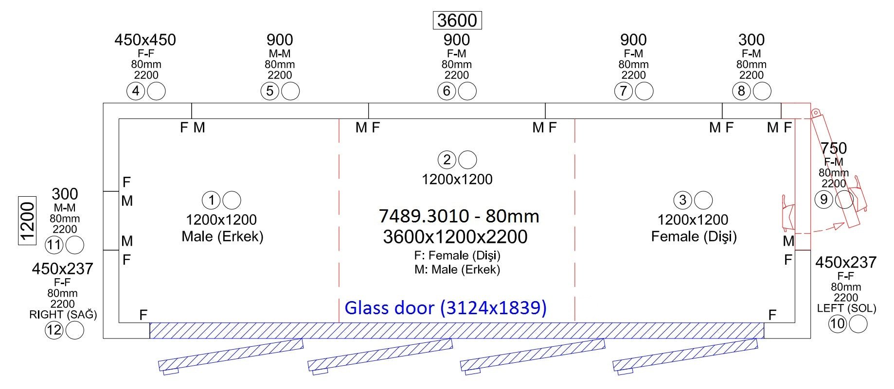 Kjølerom 3600x1200x2200 4 glassdører *transport på forespørsel* - for Storkjøkken - XL - Storkjøkken