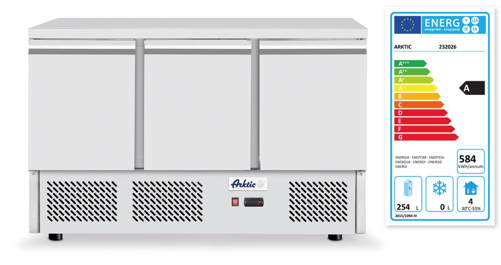 Pizza arbeidsbenk med 3 dører og kjølemonter 380+40L, Arktic, 254L, 230V/400W, 1365x700X (H) 1030mm - for Storkjøkken - XL - Storkjøkken
