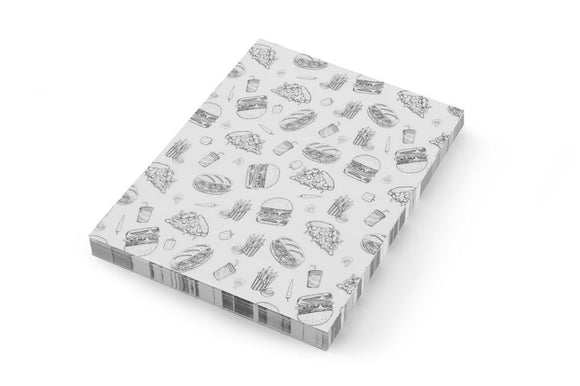 Smørepapir, hurtigmat illustrasjonsmønster, 500 stk., 200x250mm - for Storkjøkken - XL - Storkjøkken