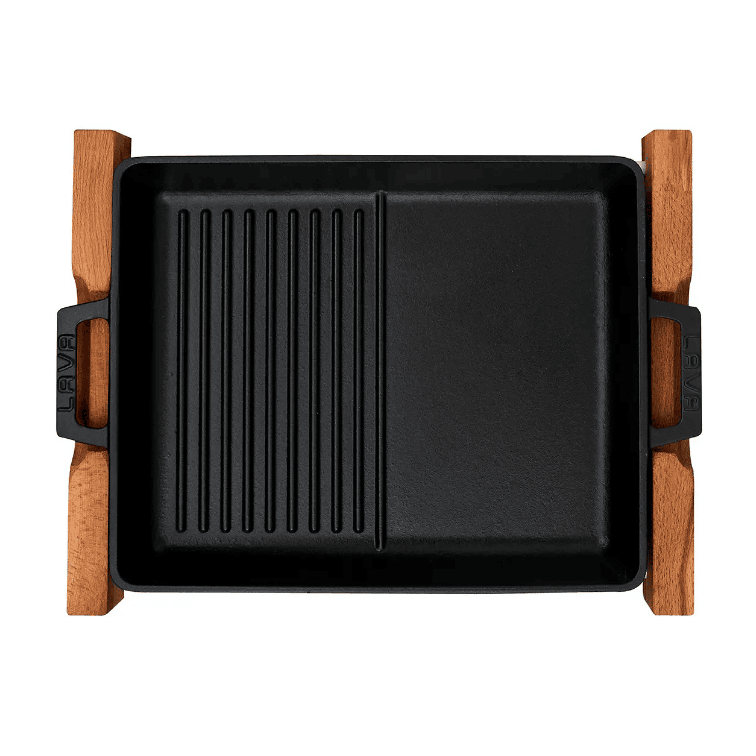 Stekepanne/grillpanne med dobbel plate, integrerte metallhåndtak og serveringsstativ i tre. Mål: 26 x 32 cm, 2290 ml - for Storkjøkken - XL - Storkjøkken