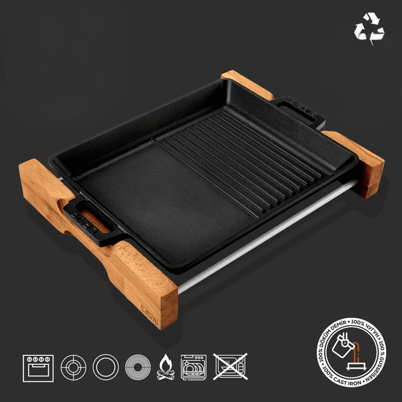 Stekepanne/grillpanne med dobbel plate, integrerte metallhåndtak og serveringsstativ i tre. Mål: 26 x 32 cm, 2290 ml - for Storkjøkken - XL - Storkjøkken