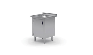 Vaskebord med hengslet Dørslagkap - sveiset, 1 synkebasseng, dybde: 700 mm., 600x700x (H) 850mm