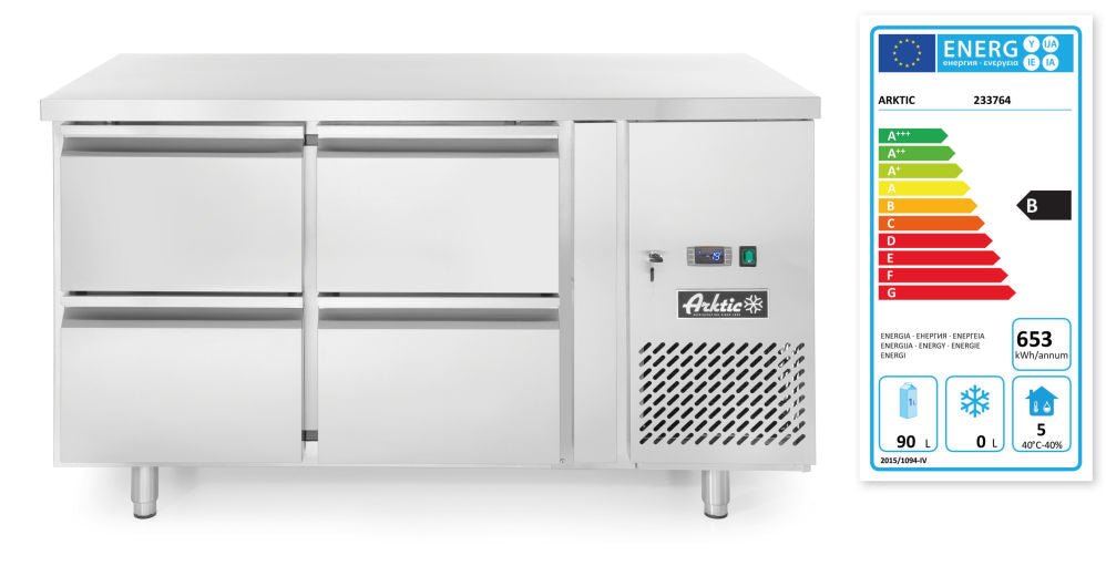 Arbeidsbenk kjøling med 4 skuffer Profi Line 280L, arktic, 230v/250w, 1360x700x (h) 850mm - for Storkjøkken - XL - Storkjøkken