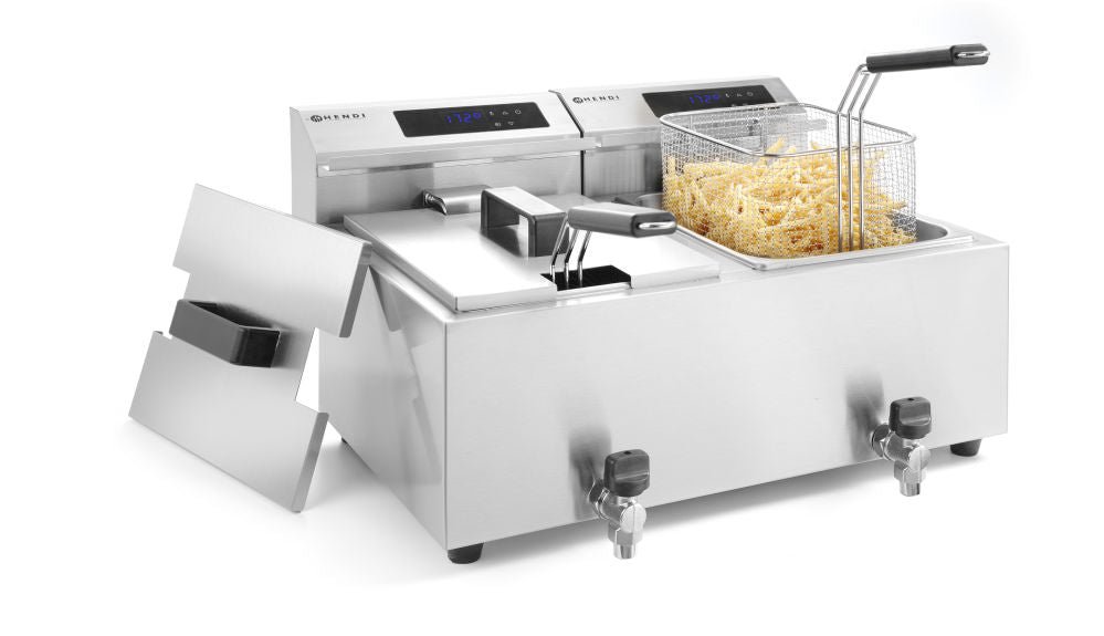 Frityr koker med avløps kran Digital - 2 x 8 L, 16L, 230V/7000W, 605x515x (H) 345mm - for Storkjøkken - XL - Storkjøkken