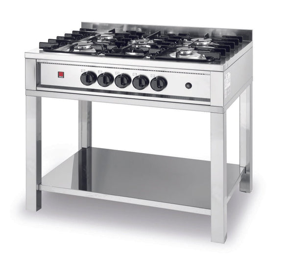 Gass koketopp - 5 brennere, med åpent stativ, 14,3kw, 900x600x (h) 850mm - for Storkjøkken - XL - Storkjøkken