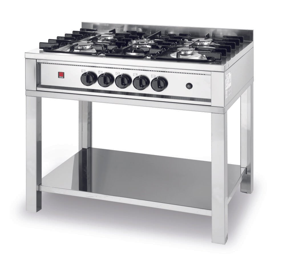 Gass koketopp - 5 brennere, med åpent stativ, 14,3kw, 900x600x (h) 850mm - for Storkjøkken - XL - Storkjøkken