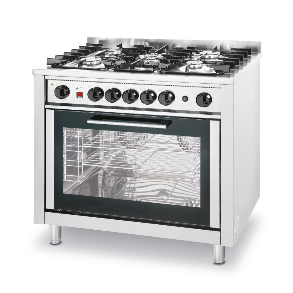 Gass koketopp - 5 brennere med elektrisk ovn, sølv, 230V/2900W, 14,3kw, 900x655x (H) 900mm - for Storkjøkken - XL - Storkjøkken