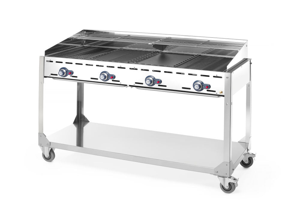 Grill Green Fire med 4 brennere, på hjulbunnen, lysegrå, 22kw, 1400x612x (H) 825mm - for Storkjøkken - XL - Storkjøkken