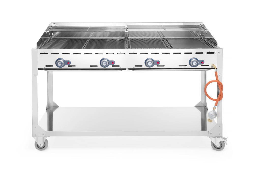 Grill Green Fire med 4 brennere, på hjulbunnen, lysegrå, 22kw, 1400x612x (H) 825mm - for Storkjøkken - XL - Storkjøkken