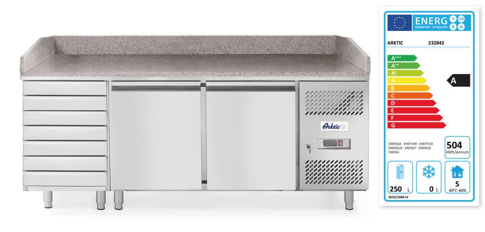 Pizza arbeidsbenk med 2 dører og 7 skuffer 280L og granittplate, Arktic, 250L, 230V/250W, 2010x800X (H) 1000mm - for Storkjøkken - XL - Storkjøkken