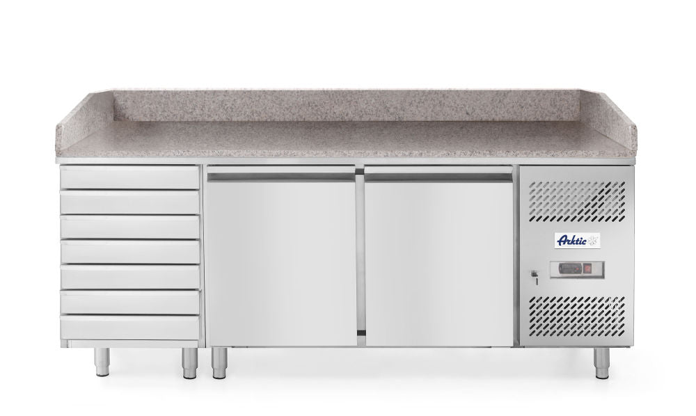 Pizza arbeidsbenk med 2 dører og 7 skuffer 280L og granittplate, Arktic, 250L, 230V/250W, 2010x800X (H) 1000mm - for Storkjøkken - XL - Storkjøkken