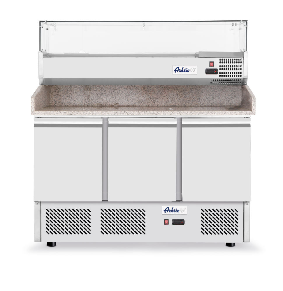 Pizza arbeidsbenk med 3 dører og kjølemonter 380+40L, Arktic, 254L, 230V/400W, 1365x700X (H) 1030mm - for Storkjøkken - XL - Storkjøkken