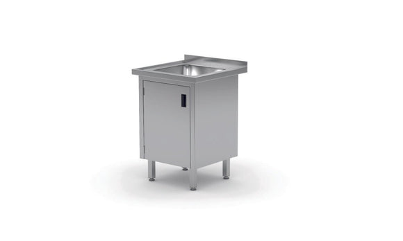 Vaskebord med hengslet Dørslagkap - sveiset, 1 synkebasseng, dybde: 700 mm., 600x700x (H) 850mm - for Storkjøkken - XL - Storkjøkken